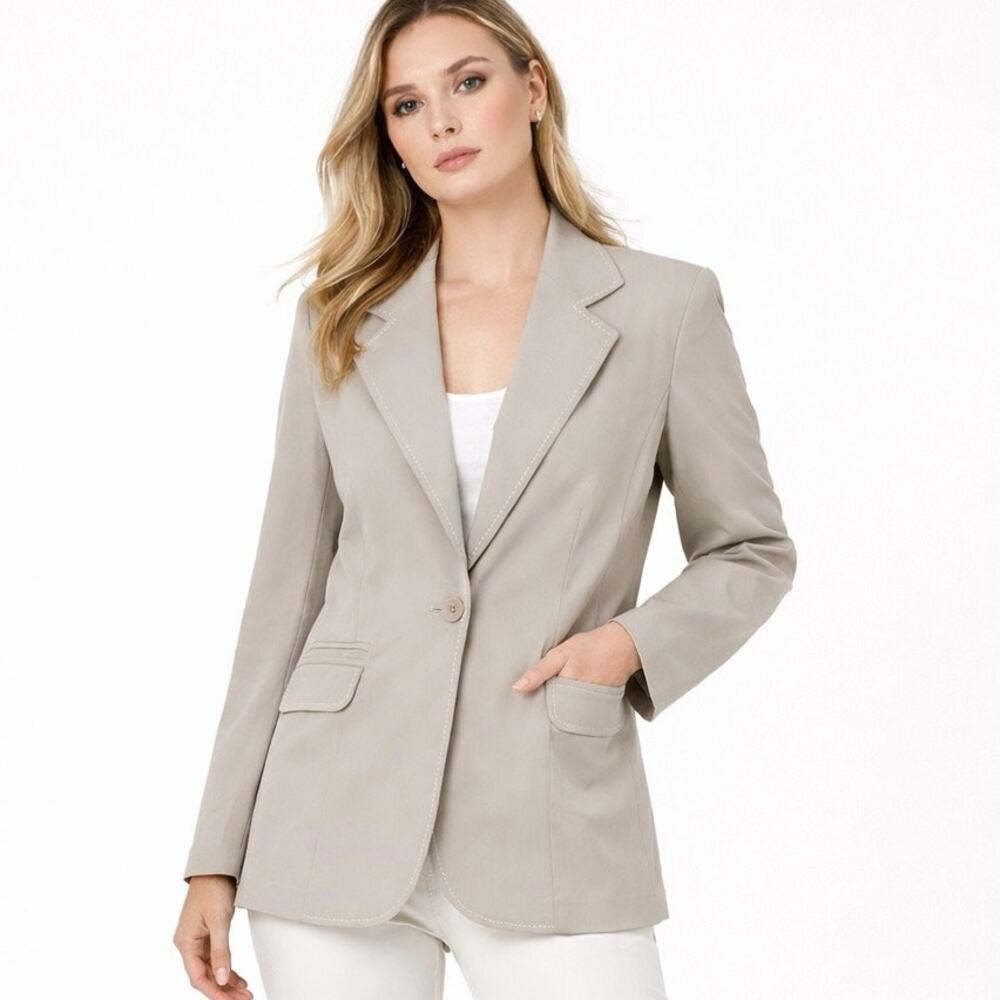 CAbi Size 10 Mist Grey Stitched Paisley Lined One Button Blazer Career Work